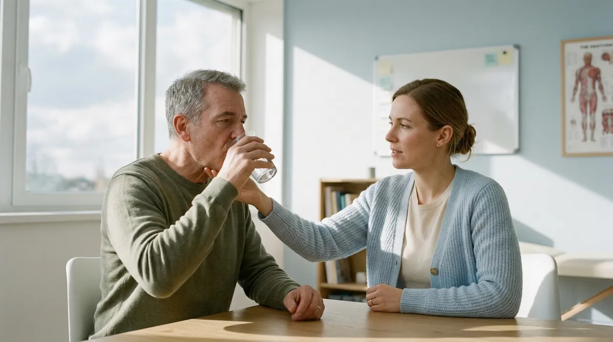 Orthophoniste accompagnant un patient adulte sur la déglutition