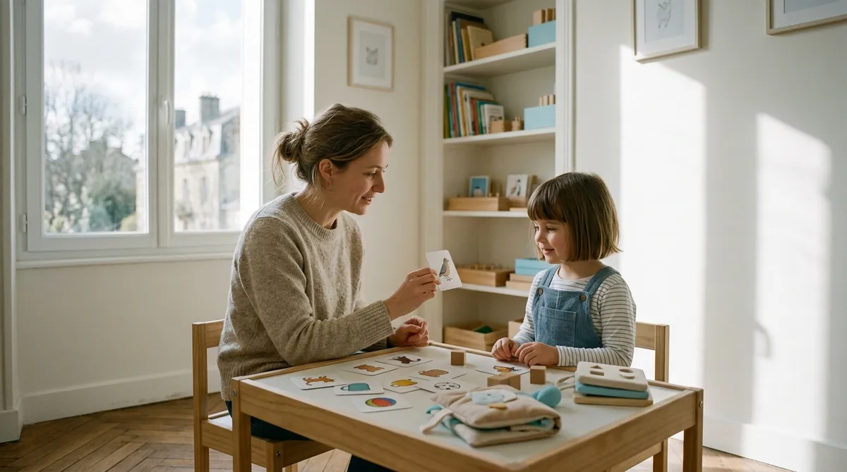 Orthophoniste travaillant le langage avec un jeune enfant
